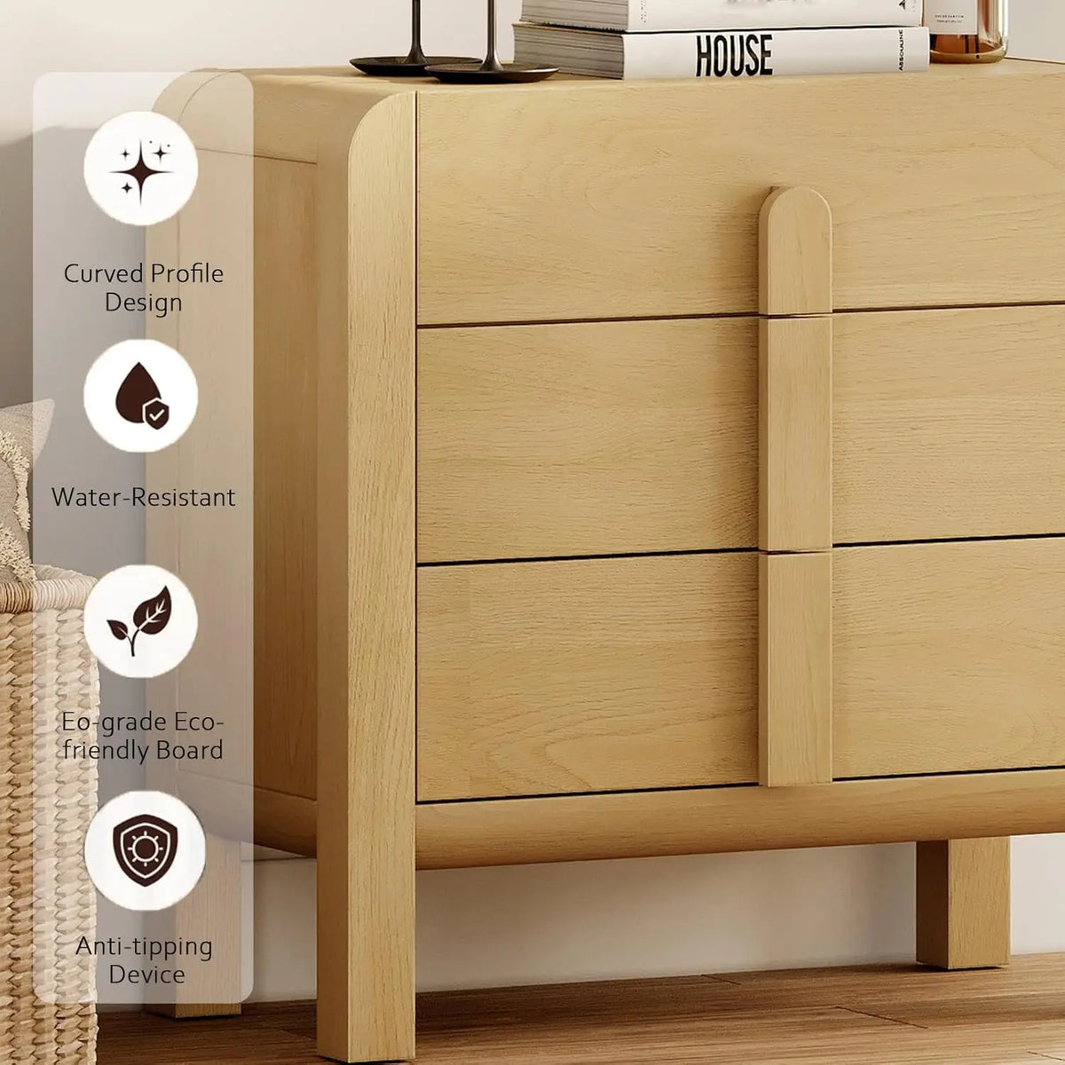 Dresden Collection | Organic-Form Brass-Accented White Oak Dresser - framed in an editorial still-life composition in a Mid-Century Modern bedroom setting.