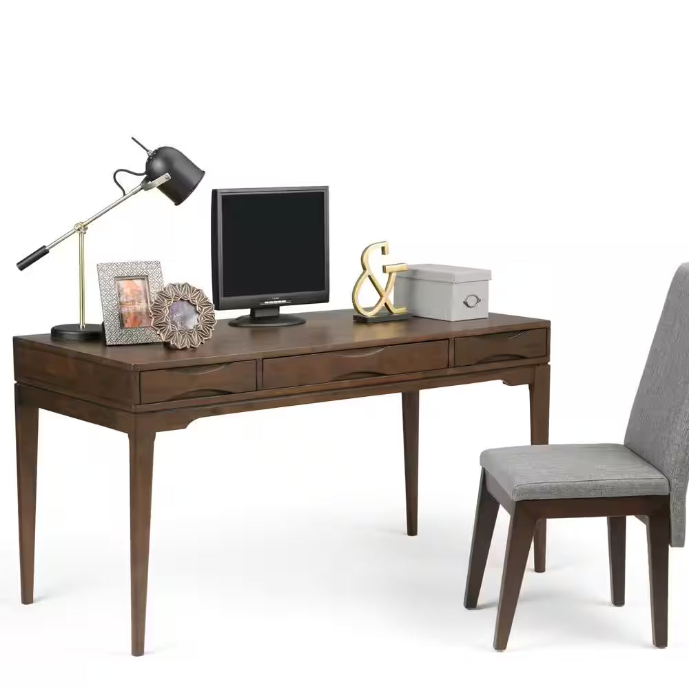 Harper Solid Hardwood Mid-Century Modern 60 In. Wide Writing Office Desk in Walnut Brown