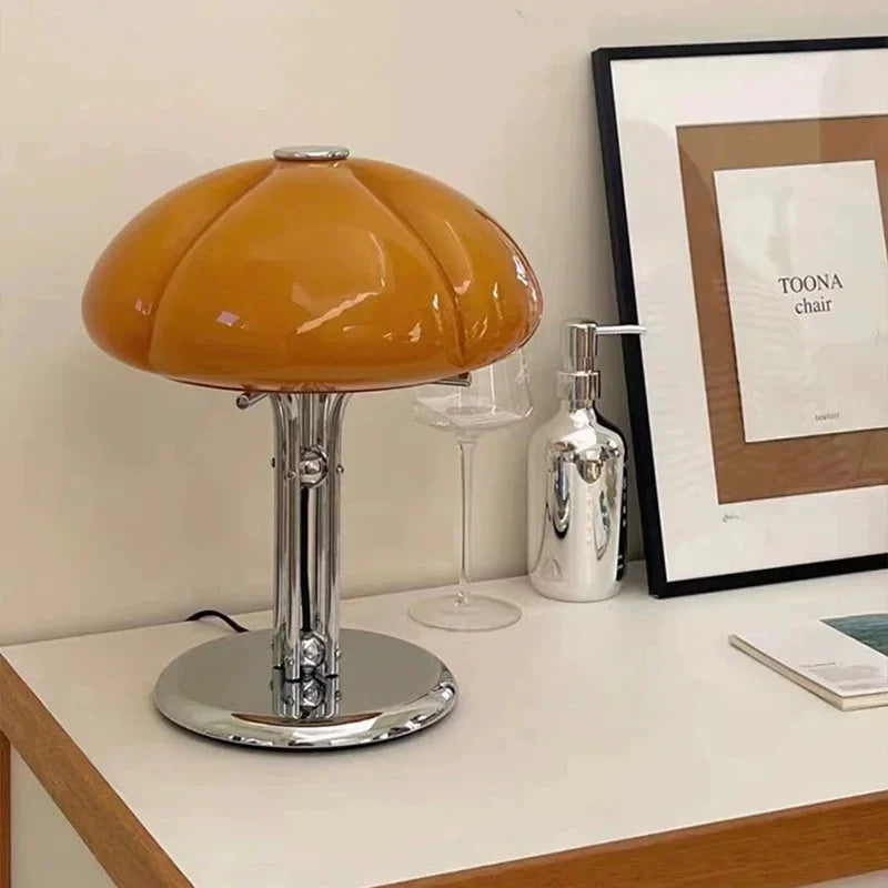 Fontaine Collection | Splayed-Leg Atomic-Era Ceramic Mushroom Table Lamp - styled from an alternate angle revealing dimensional depth in a Mid-Century Modern living room setting.