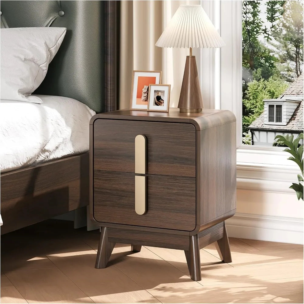 Dresden Collection | Curved Walnut Nightstand - styled from an alternate angle revealing dimensional depth in a Mid-Century Modern bedroom setting.