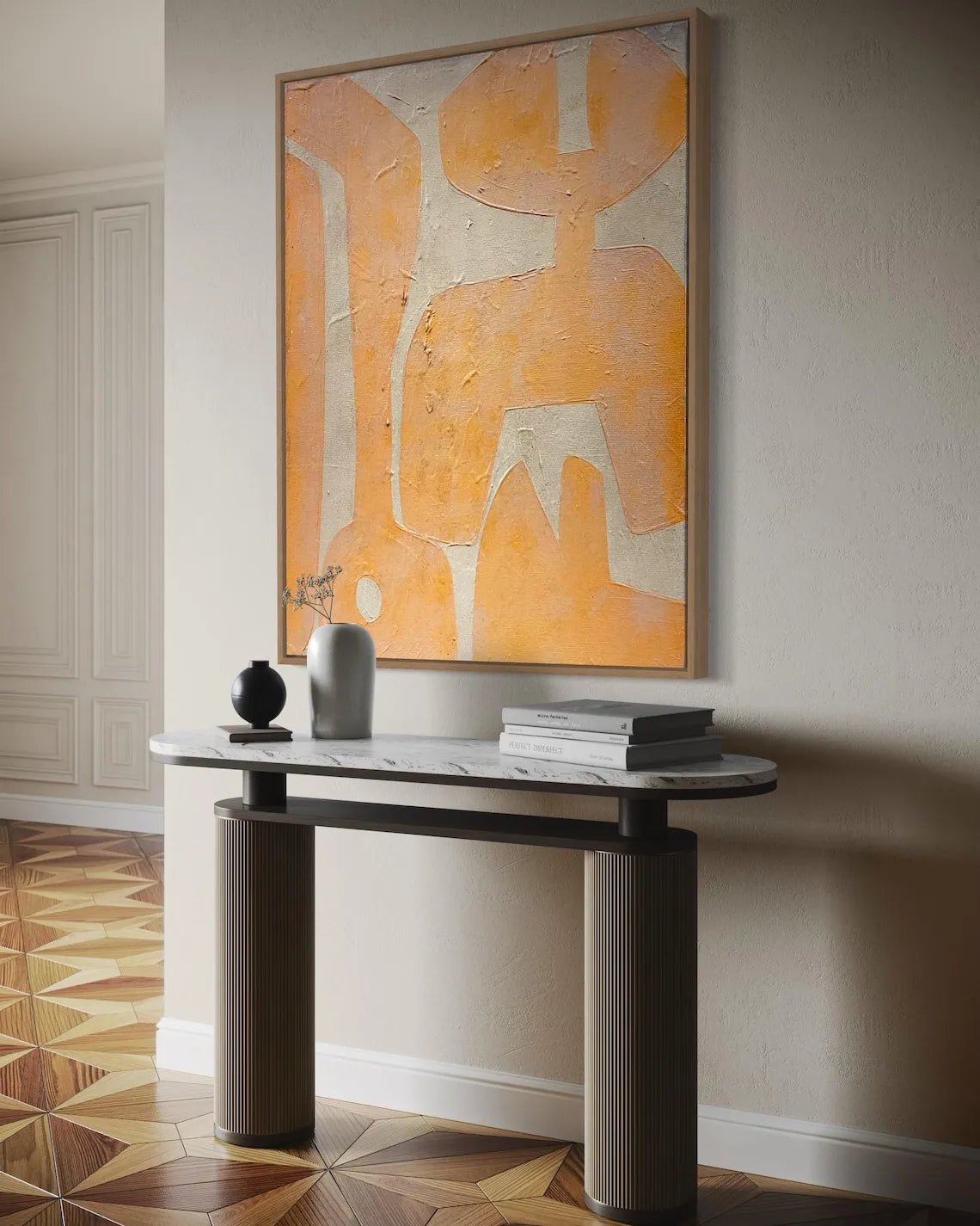 Fontaine Collection | Geometric Desert-Modern Mustard Canvas - showcasing form and function in daily use context in a Mid-Century Modern living room setting.