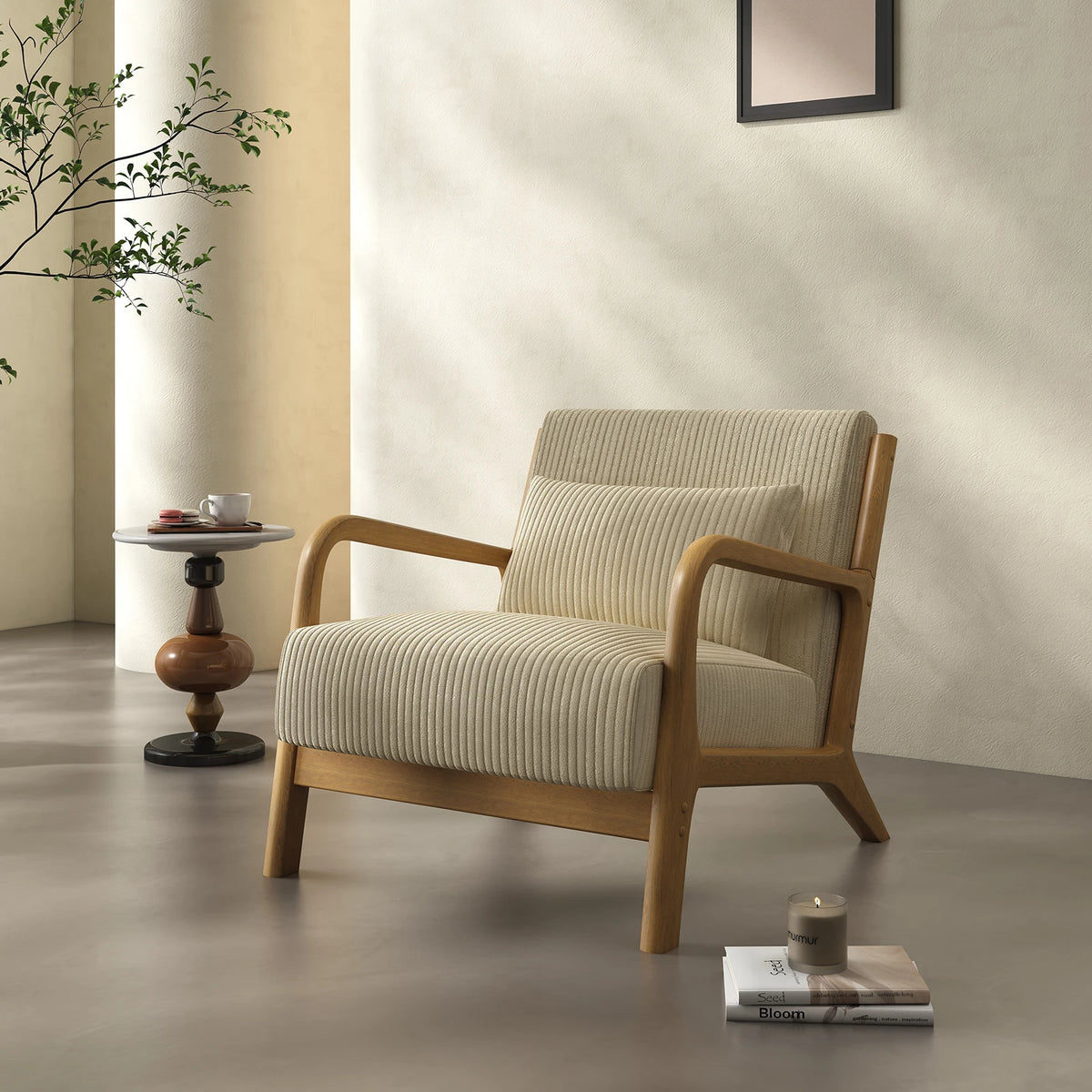 Dresden Collection | Sculptural Velvet-Cushioned Velvet Accent Chair - detail view 15 revealing design nuance in a Mid-Century Modern living room setting.