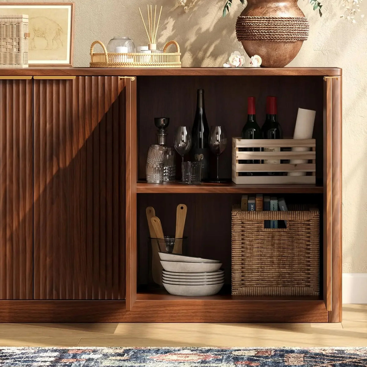 Dresden Collection | Panoramic Fluted Fluted Walnut Buffet - highlighting material texture and craftsmanship detail in a Mid-Century Modern living room setting.