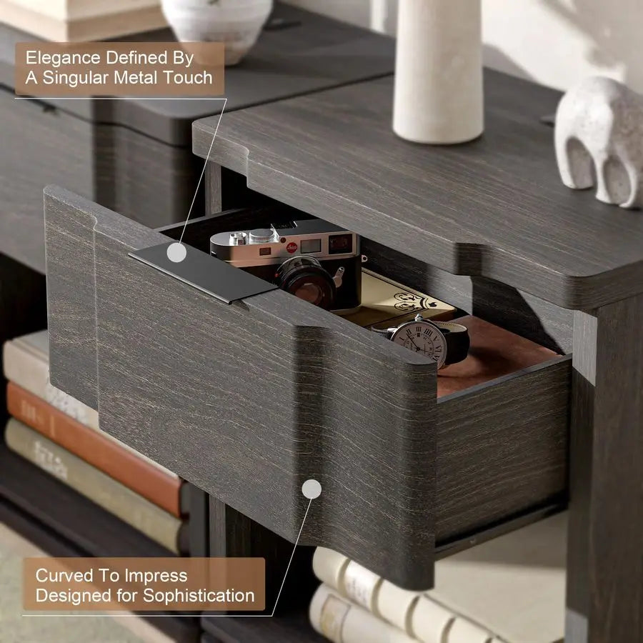 Ellington Collection | Tapered-Leg Brass-Accented Curved Walnut Nightstand - featuring close-up joinery and artisanal finish quality in a Mid-Century Modern bedroom setting.