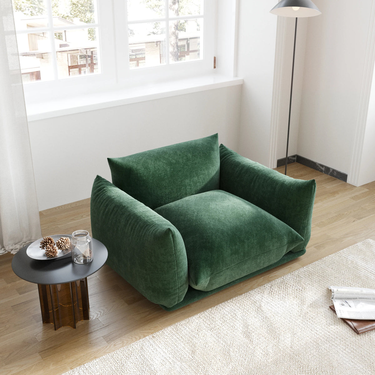 Valencia Collection | Gold-Trimmed Atomic-Era Chenille Accent Chair - revealing tonal warmth and surface patina under ambient light in a Mid-Century Modern living room setting.