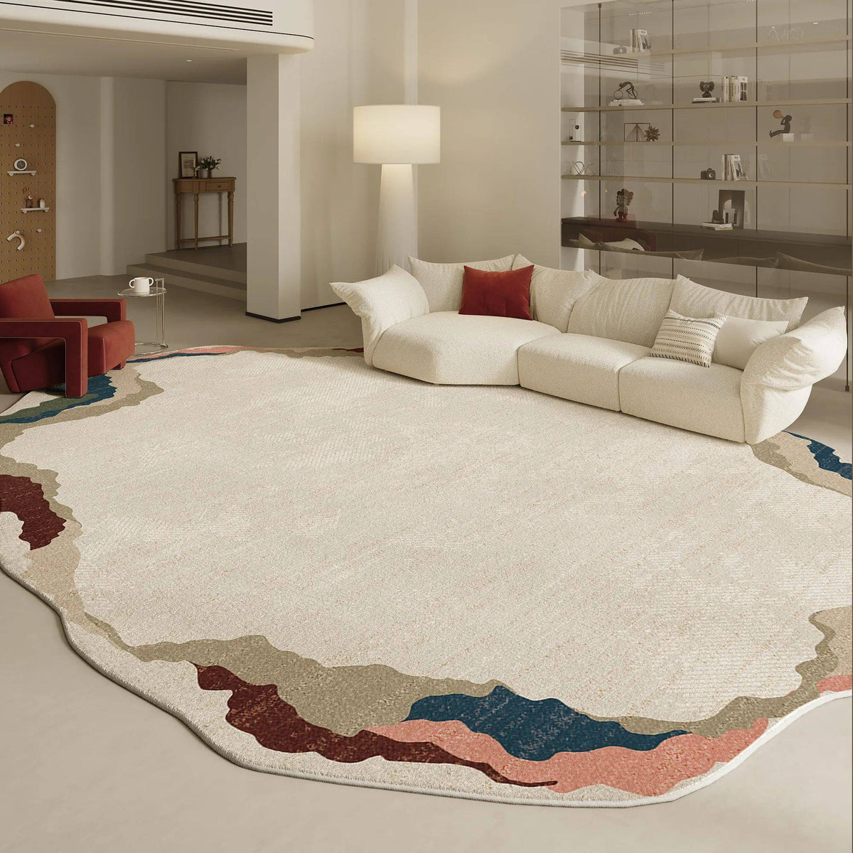 Fontaine Collection | Geometric Atomic-Era Irregular-Form Carpet - detail view 13 revealing design nuance in a Mid-Century Modern living room setting.
