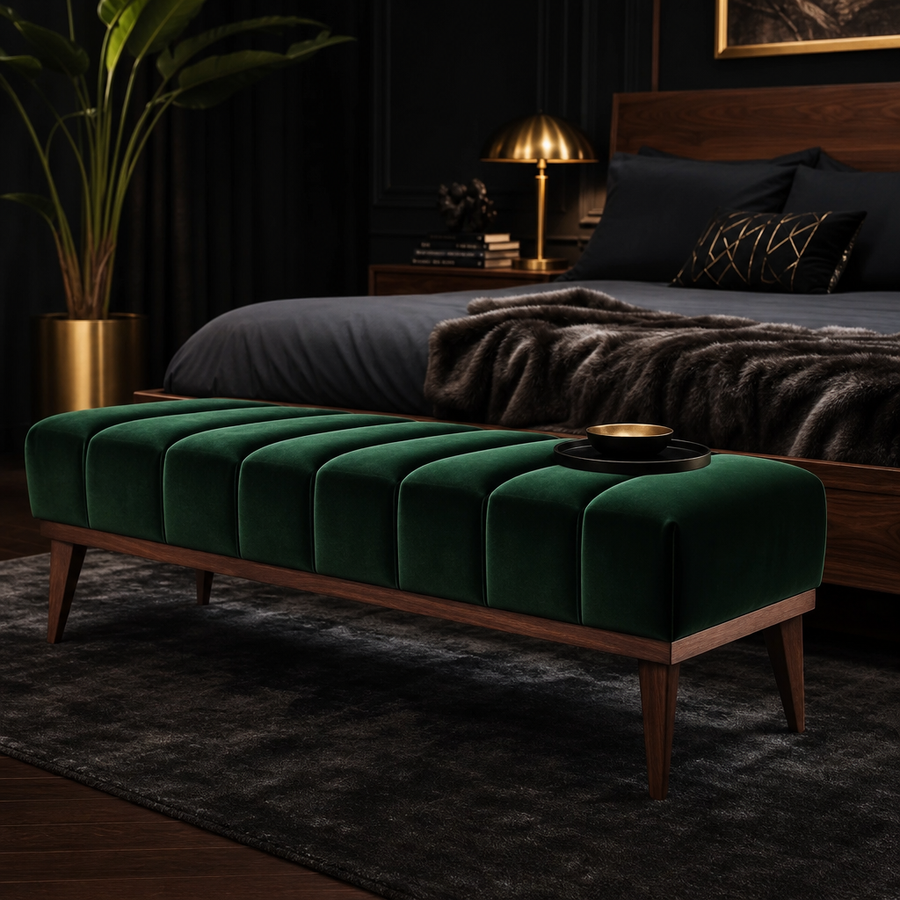Fontaine Collection | Geometric Velvet-Cushioned Emerald Velvet Bench - showcasing full sculptural form and curated finish in a Mid-Century Modern living room setting.