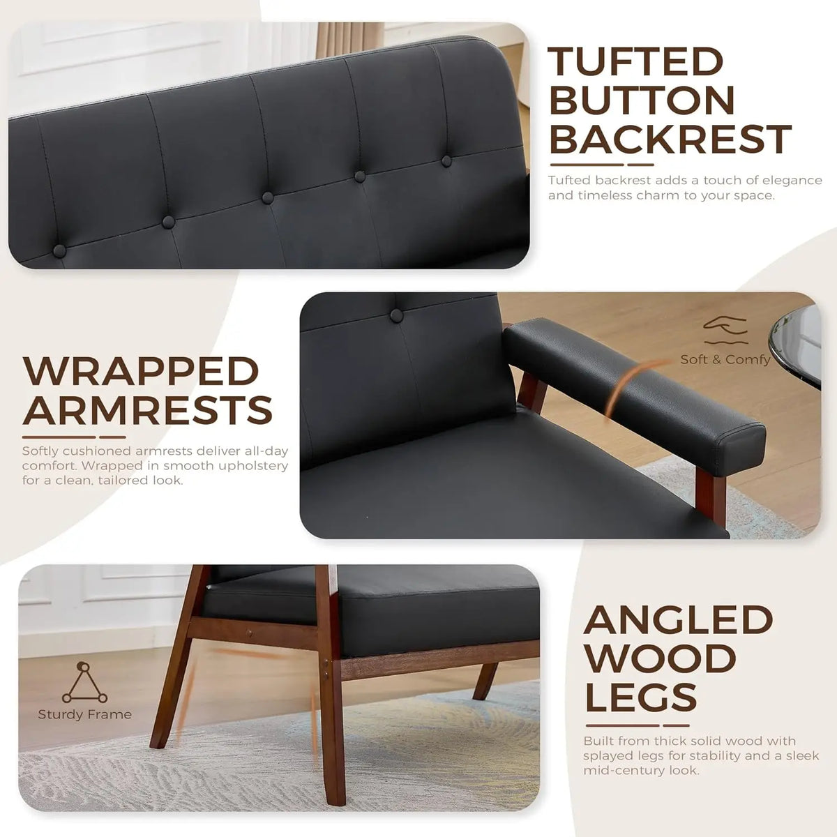 Ellington Collection | Tapered-Leg Leather-Wrapped Obsidian Leather Love Seat Set - presented at scale within a designed interior in a Mid-Century Modern living room setting.