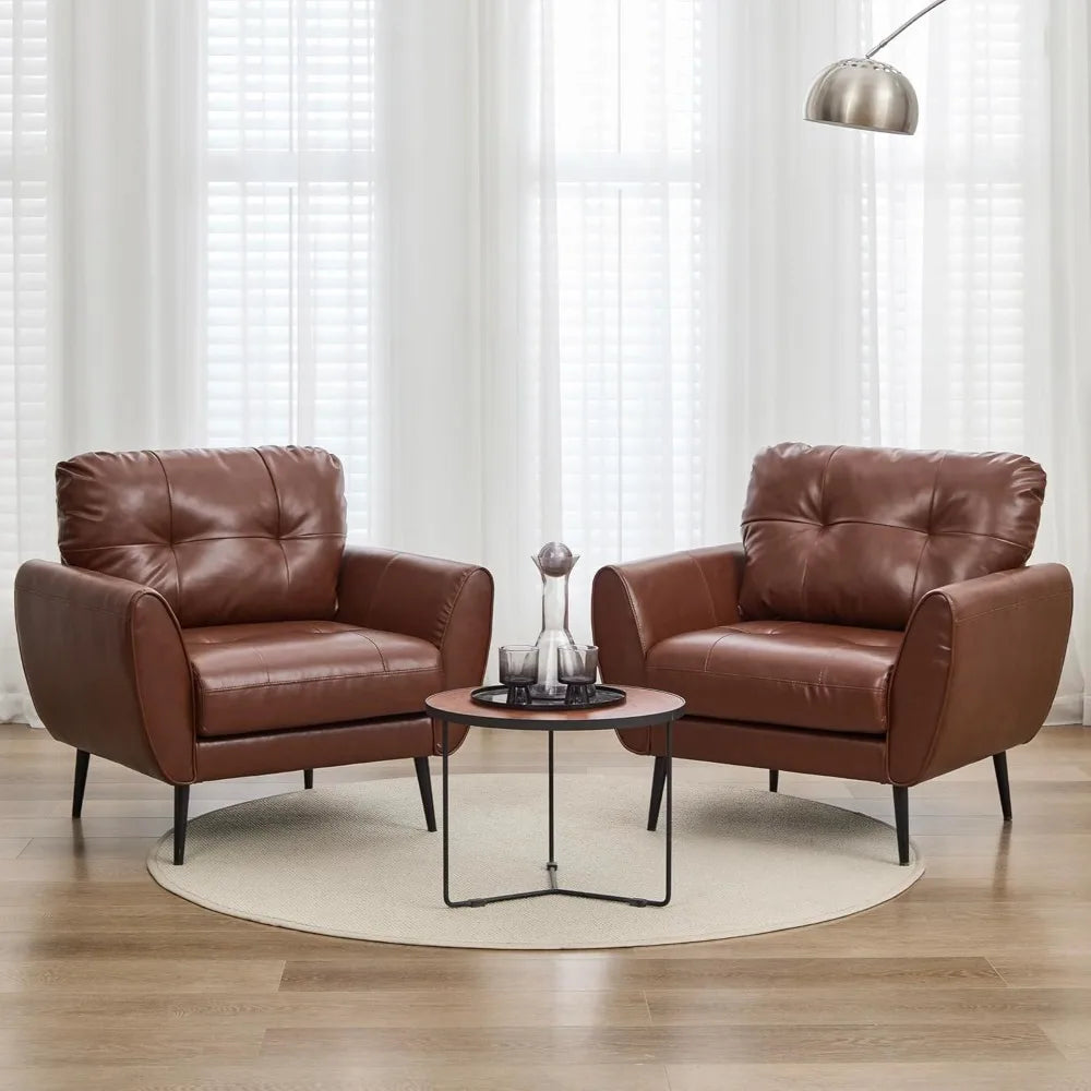 Ellington Collection | Geometric Leather-Wrapped Rich Cognac Leather Accent Chairs - captured in a curated lifestyle vignette in a Mid-Century Modern living room setting.