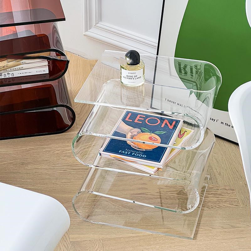 Belmont Collection | Sculptural Atomic-Era Lucite Display Tower - styled from an alternate angle revealing dimensional depth in a Mid-Century Modern living room setting.