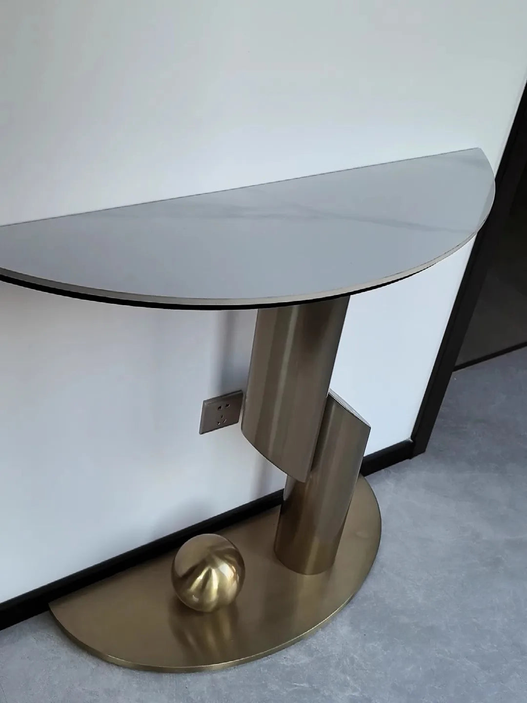 Dresden Collection | Geometric Walnut Console - highlighting material texture and craftsmanship detail in a Mid-Century Modern entryway setting.
