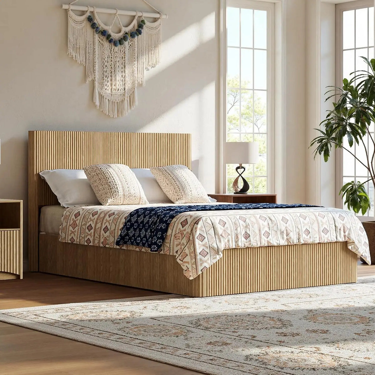 Fontaine Collection | Fluted Brass-Accented Walnut Lift Storage Bed - styled from an alternate angle revealing dimensional depth in a Mid-Century Modern bedroom setting.