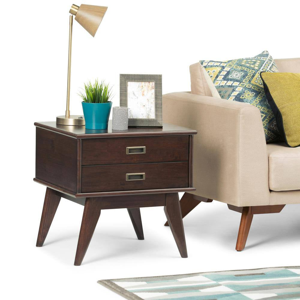 Draper Solid Hardwood 22 In. Wide Rectangle Mid-Century Modern End Side Table in Medium Auburn Brown