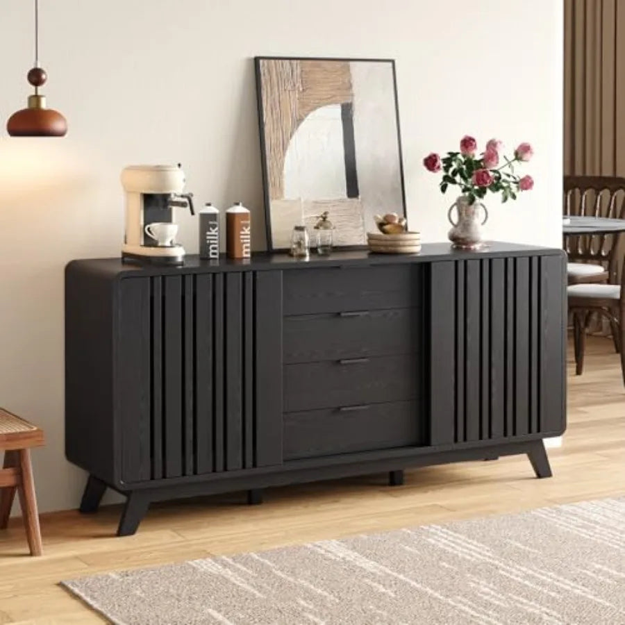 Cordoba Collection | Fluted Brass-Accented Walnut Sideboard - featuring close-up joinery and artisanal finish quality in a Mid-Century Modern living room setting.