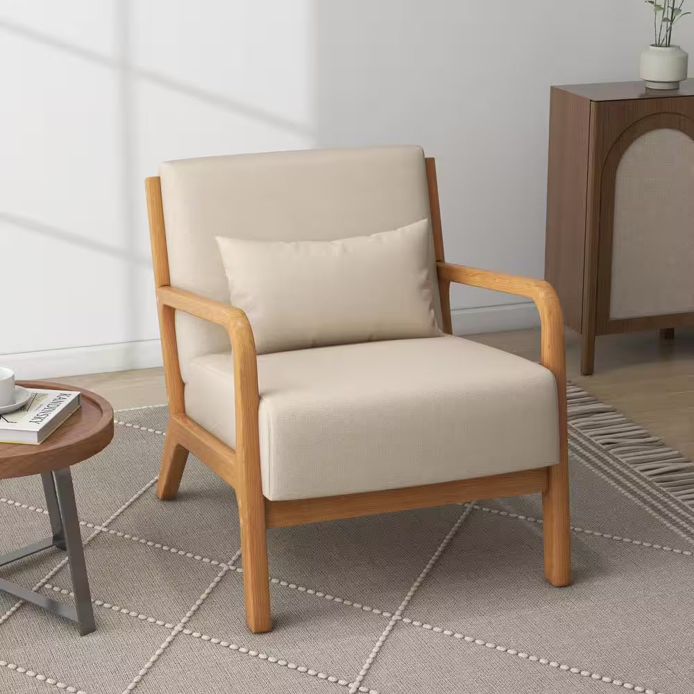 25.78 In. W Modern Beige Wood Frame Cotton and Linen Upholstered Accent Armchair (Set of 1)
