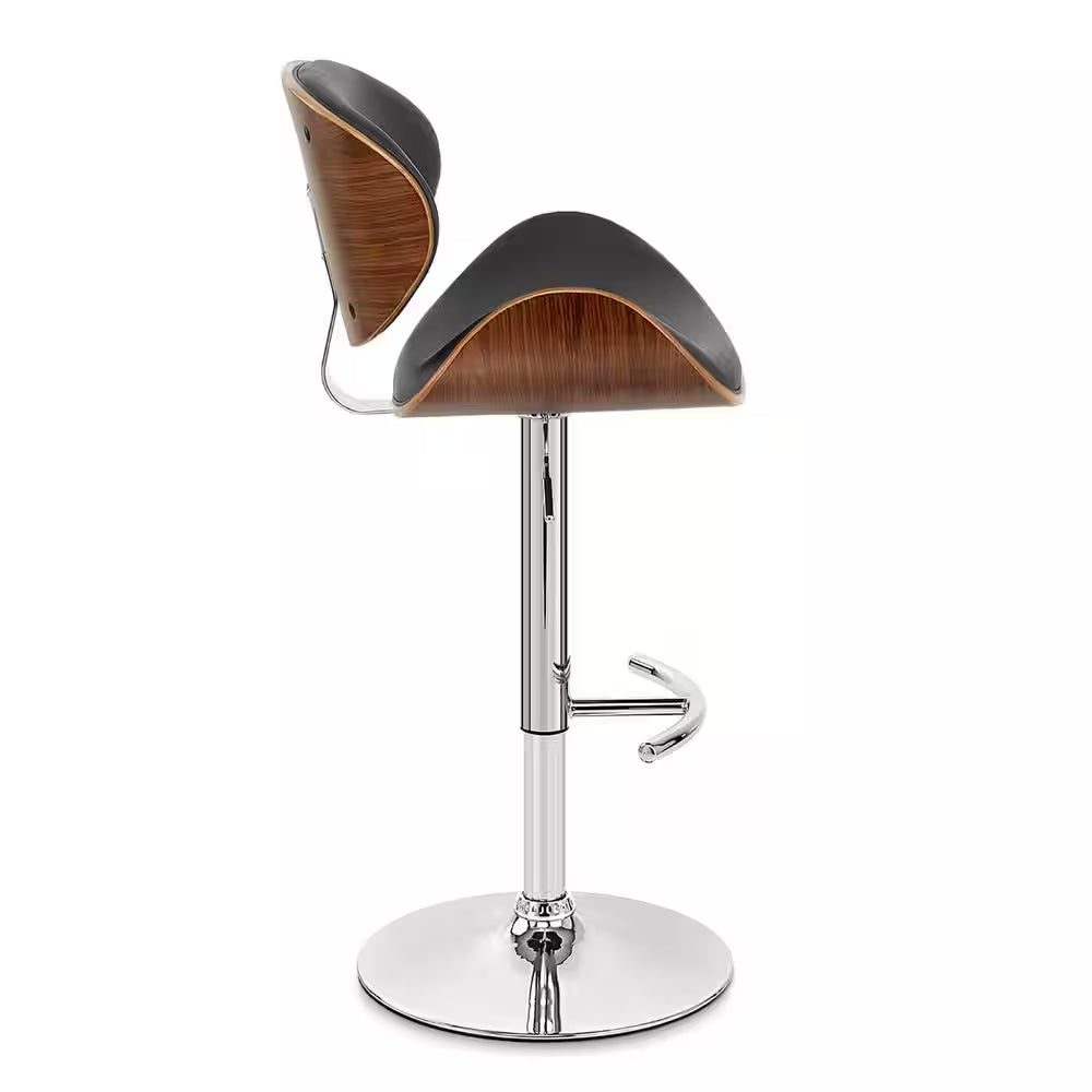 Naples Bar Stool in Chrome with Black Pu Upholstery and Walnut Veneer Back