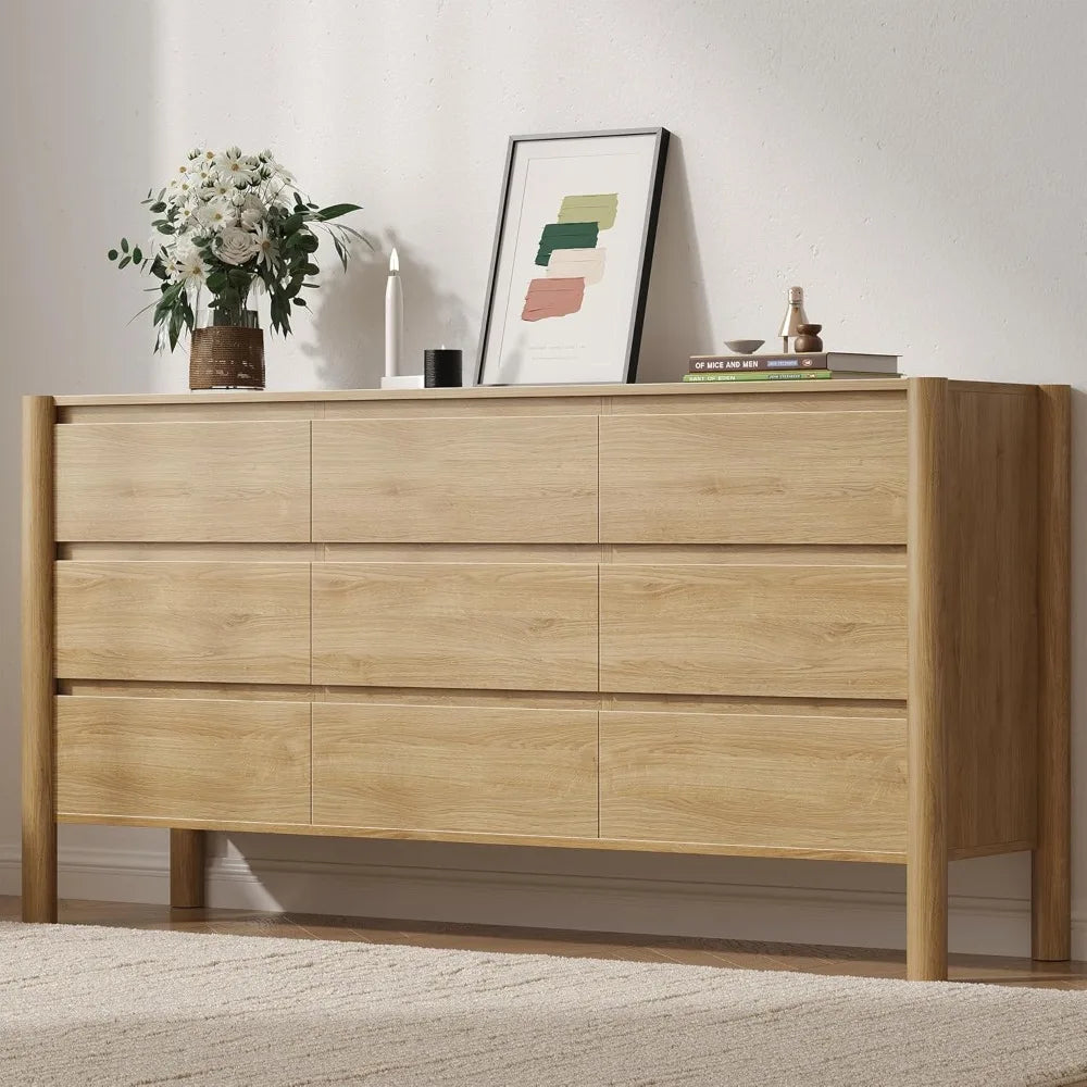 Fontaine Collection | Panoramic Atomic-Era Walnut Dresser - revealing tonal warmth and surface patina under ambient light in a Mid-Century Modern bedroom setting.