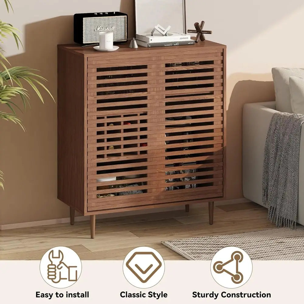 Dresden Collection | Slatted Glass-Topped Walnut Bar Cabinet - presented at scale within a designed interior in a Mid-Century Modern dining room setting.