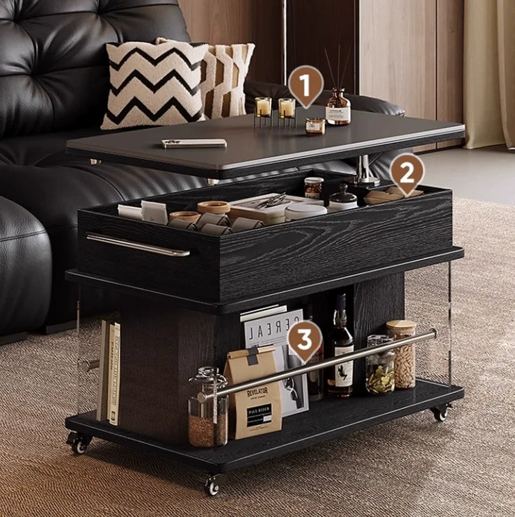 Ellington Collection | Geometric Chrome-Detailed Walnut Adjustable Table - styled from an alternate angle revealing dimensional depth in a Mid-Century Modern living room setting.