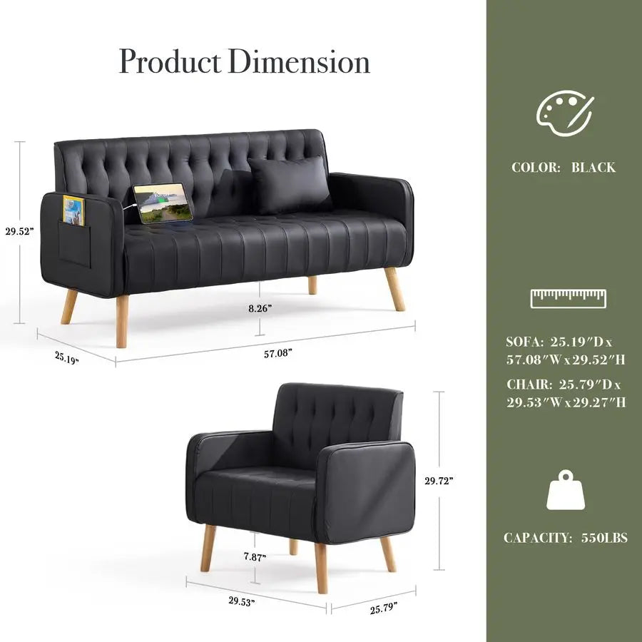 Astoria Collection | Tapered-Leg Leather-Wrapped Cognac Leather Loveseat & Chair - showcasing full sculptural form and curated finish in a Mid-Century Modern living room setting.