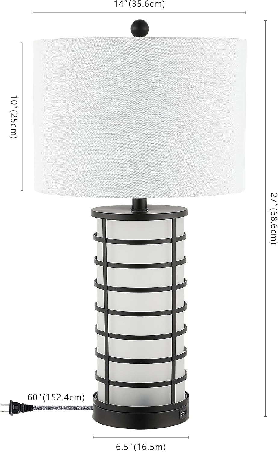 27" Black 2-Light Modern Industrial Iron Nightlight Table Lamp with USB Charging Port, White Linen Drum Shade for Bedroom Living Room, LED Bulbs Included JYL8502A