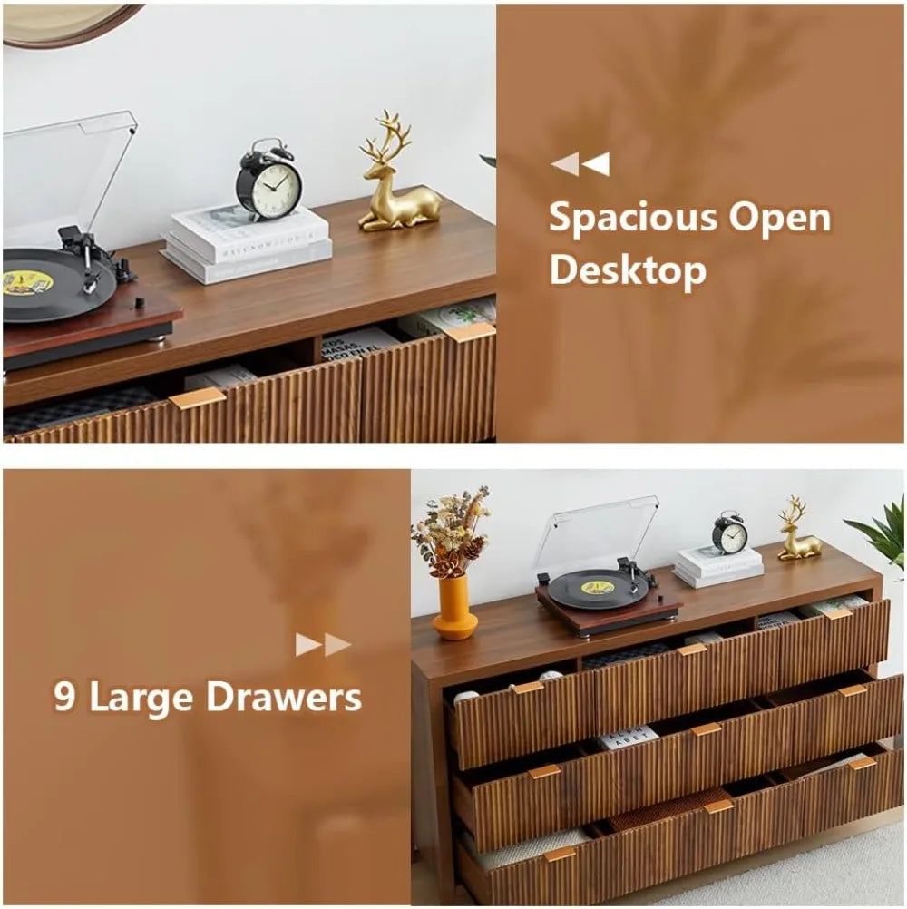 Belmont Collection | Tapered-Leg Atomic-Era Walnut 9-Drawer Dresser - featuring close-up joinery and artisanal finish quality in a Mid-Century Modern bedroom setting.