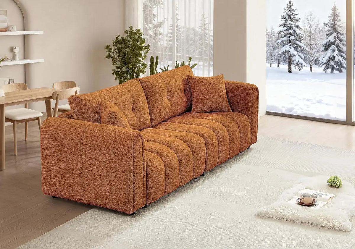 Fontaine Collection | Sculptural Atomic-Era Boucle Sofa - featuring close-up joinery and artisanal finish quality in a Mid-Century Modern living room setting.