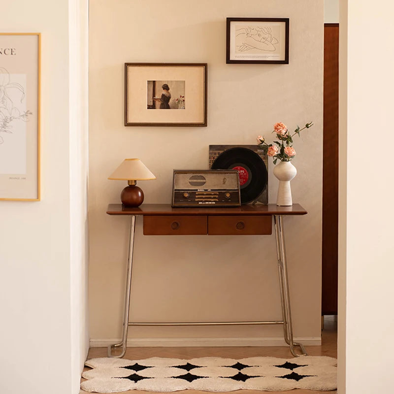Dresden Collection | Hairpin-Legged Gold-Trimmed Walnut Console - showcasing full sculptural form and curated finish in a Mid-Century Modern entryway setting.