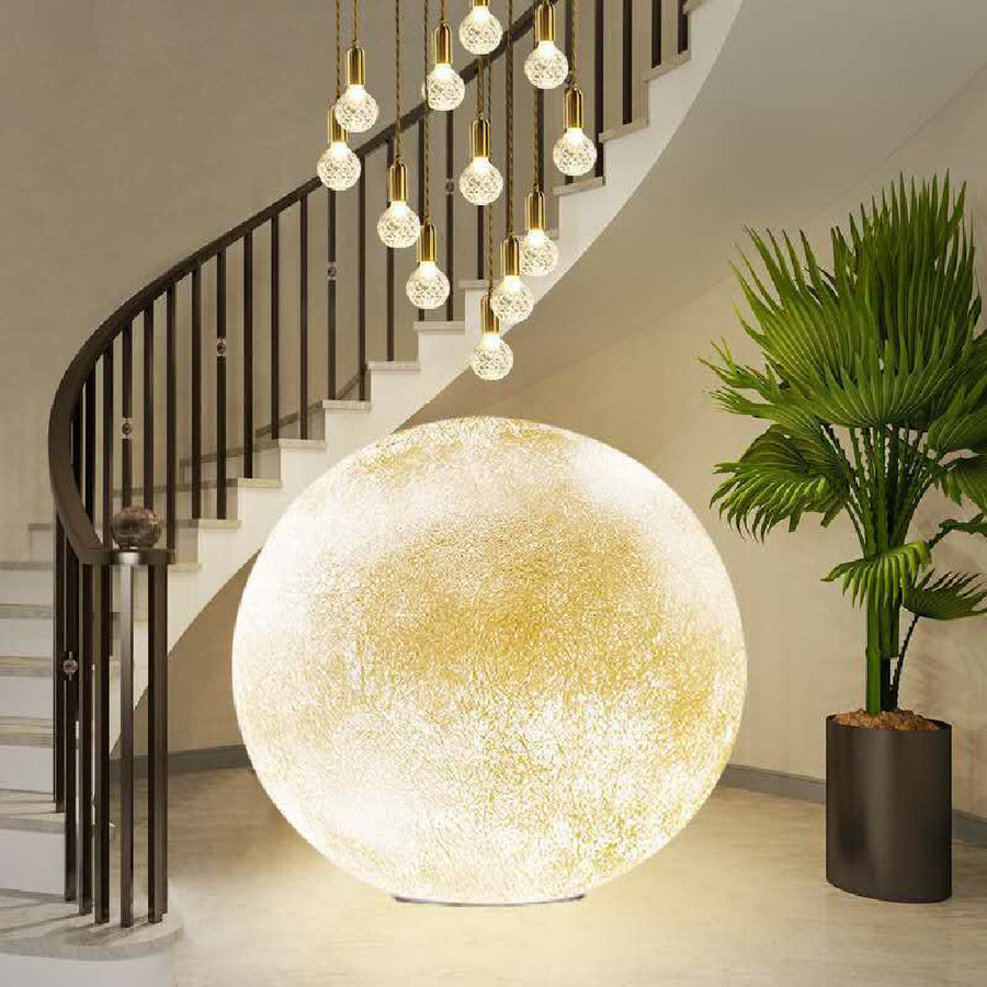 Astoria Collection | Minimalist Moon LED Floor Lamp - showcasing full sculptural form and curated finish in a Mid-Century Modern living room setting.