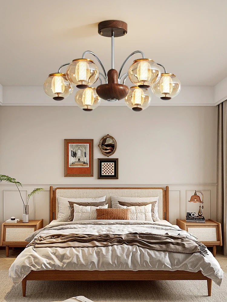 Dresden Collection | Atomic-Era Walnut Pendant - featuring close-up joinery and artisanal finish quality in a Mid-Century Modern living room setting.