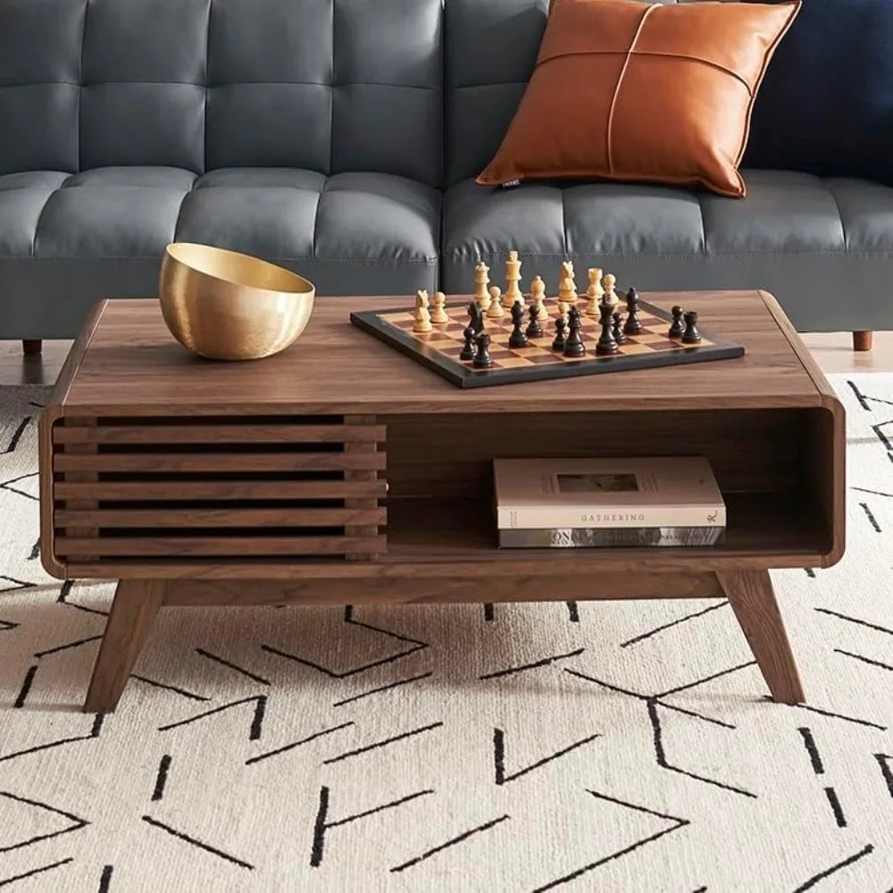 Fontaine Collection | Fluted Danish-Inspired Walnut Coffee Table - presented at scale within a designed interior in a Mid-Century Modern living room setting.