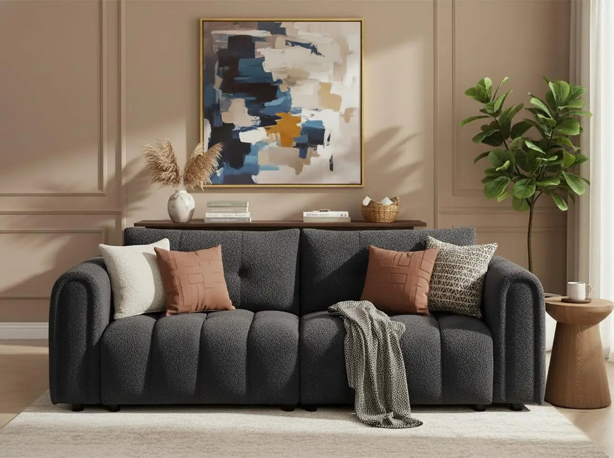 Fontaine Collection | Sculptural Atomic-Era Boucle Sofa - highlighting material texture and craftsmanship detail in a Mid-Century Modern living room setting.