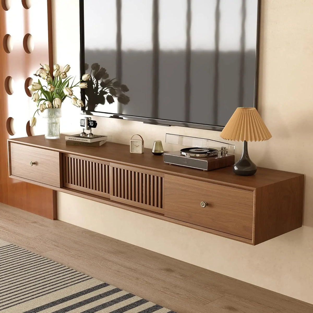 Ellington Collection | Slatted Nordic Floating Walnut Console - presented at scale within a designed interior in a Mid-Century Modern entryway setting.