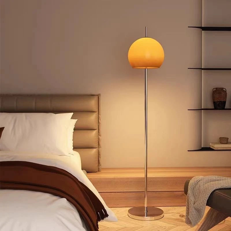 Fontaine Collection | Sculptural Glass-Topped Frosted Glass Floor Lamp - styled from an alternate angle revealing dimensional depth in a Mid-Century Modern living room setting.