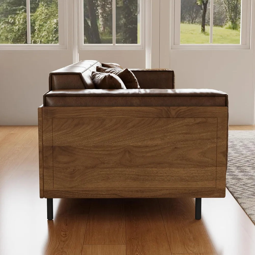 Ellington Collection | Floating Leather-Wrapped Full-Grain Leather & Walnut Lounge Chair - styled from an alternate angle revealing dimensional depth in a Mid-Century Modern living room setting.