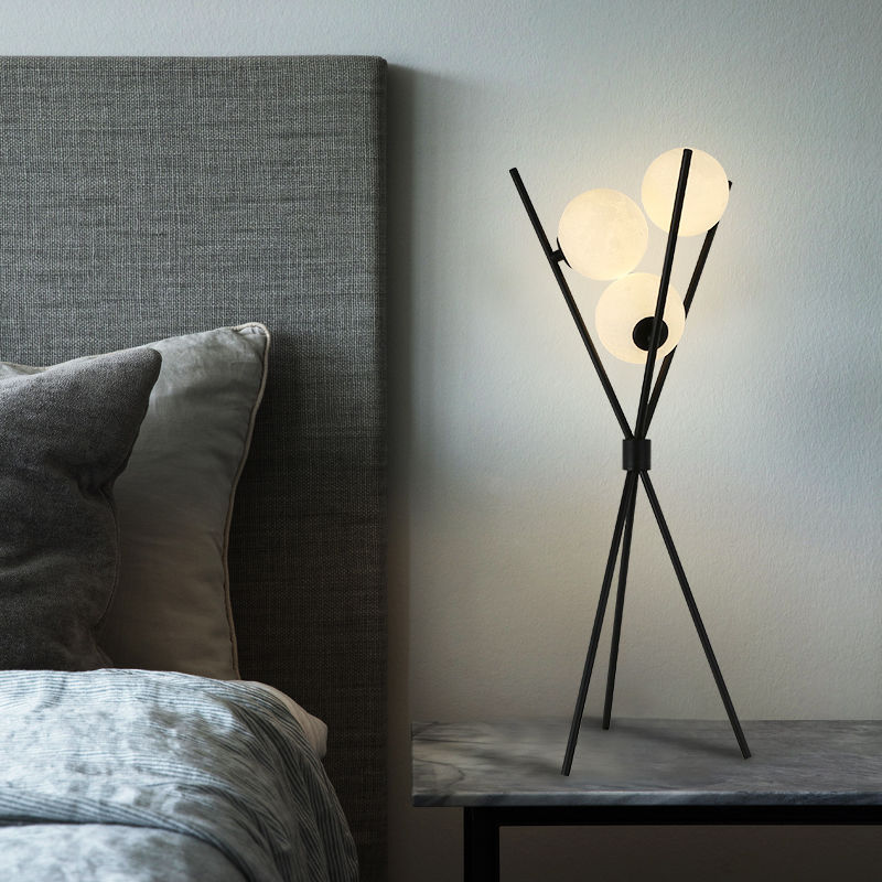 Ellington Collection | Geometric Atomic-Era Tri-Orb LED Floor Lamp - showcasing full sculptural form and curated finish in a Mid-Century Modern living room setting.
