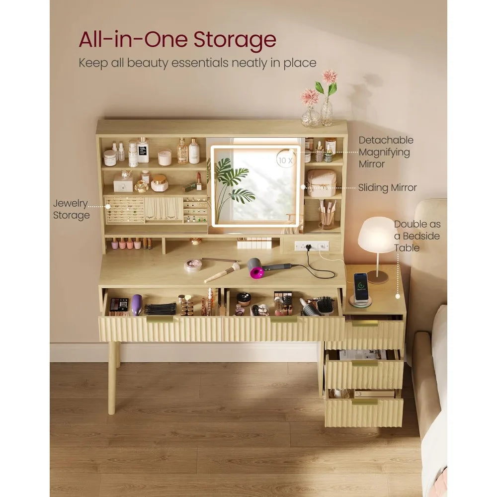 Elegant Mid-Century Modern Vanity Desk with Sliding Mirror & Integrated Lighting