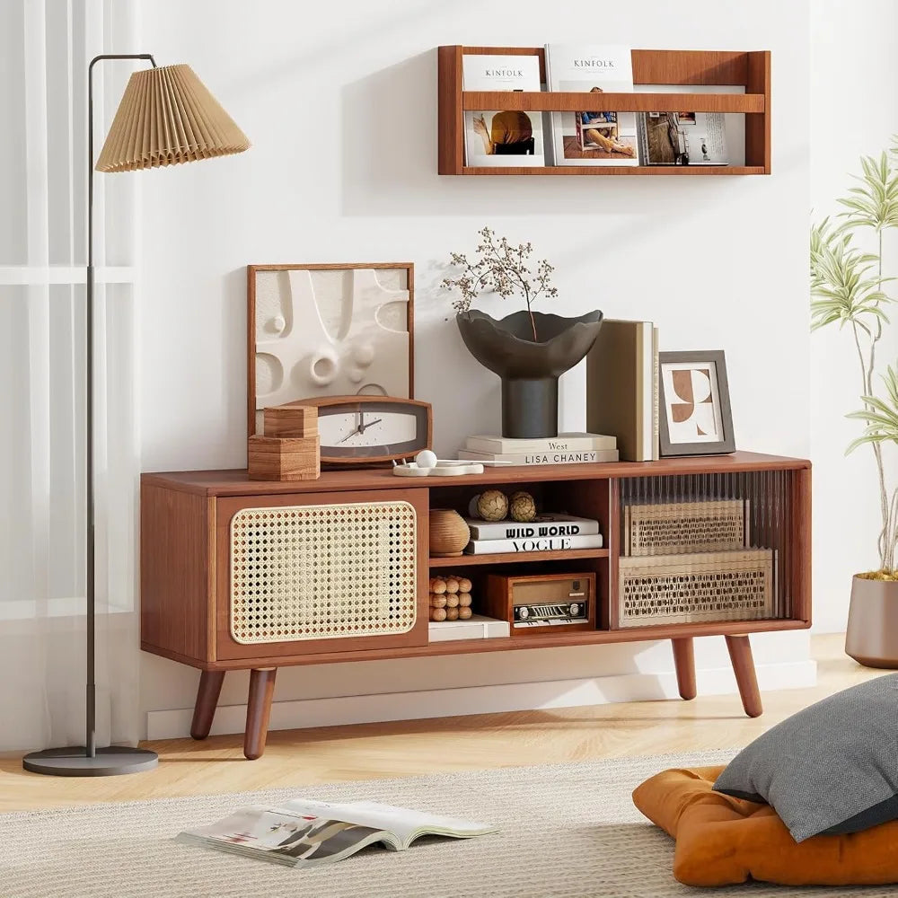 Ellington Collection | Tapered-Leg Brass-Accented Bamboo Console - captured in a curated lifestyle vignette in a Mid-Century Modern entryway setting.