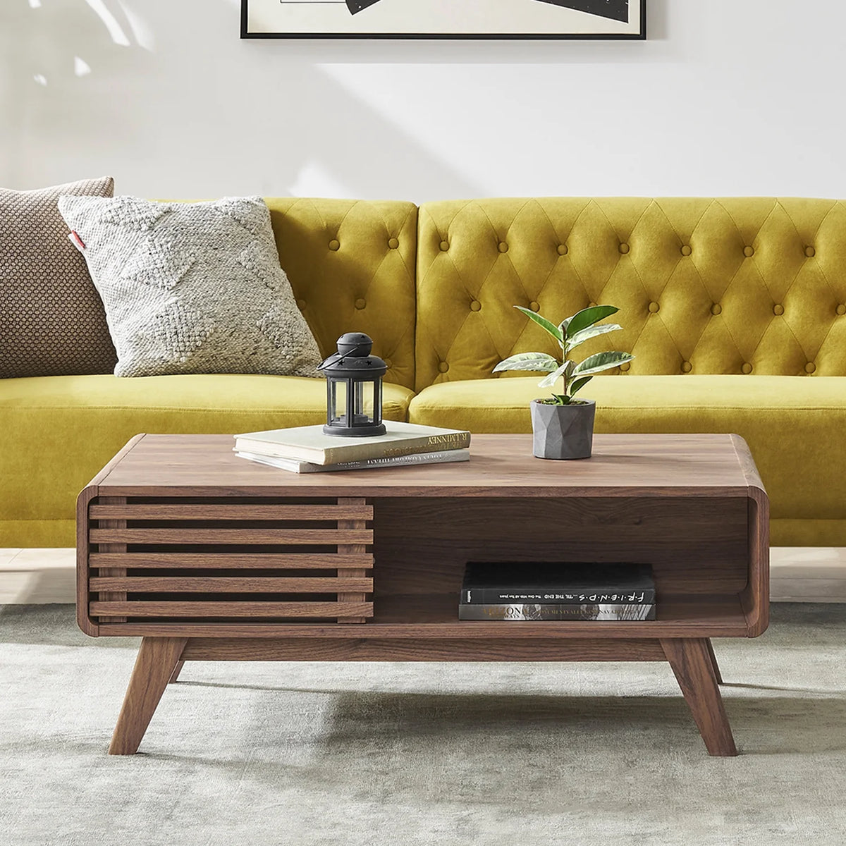 Ensley Mid-Century Modern Coffee Table with Dual Side Storage, Centerpiece for Your Living Room Walnut