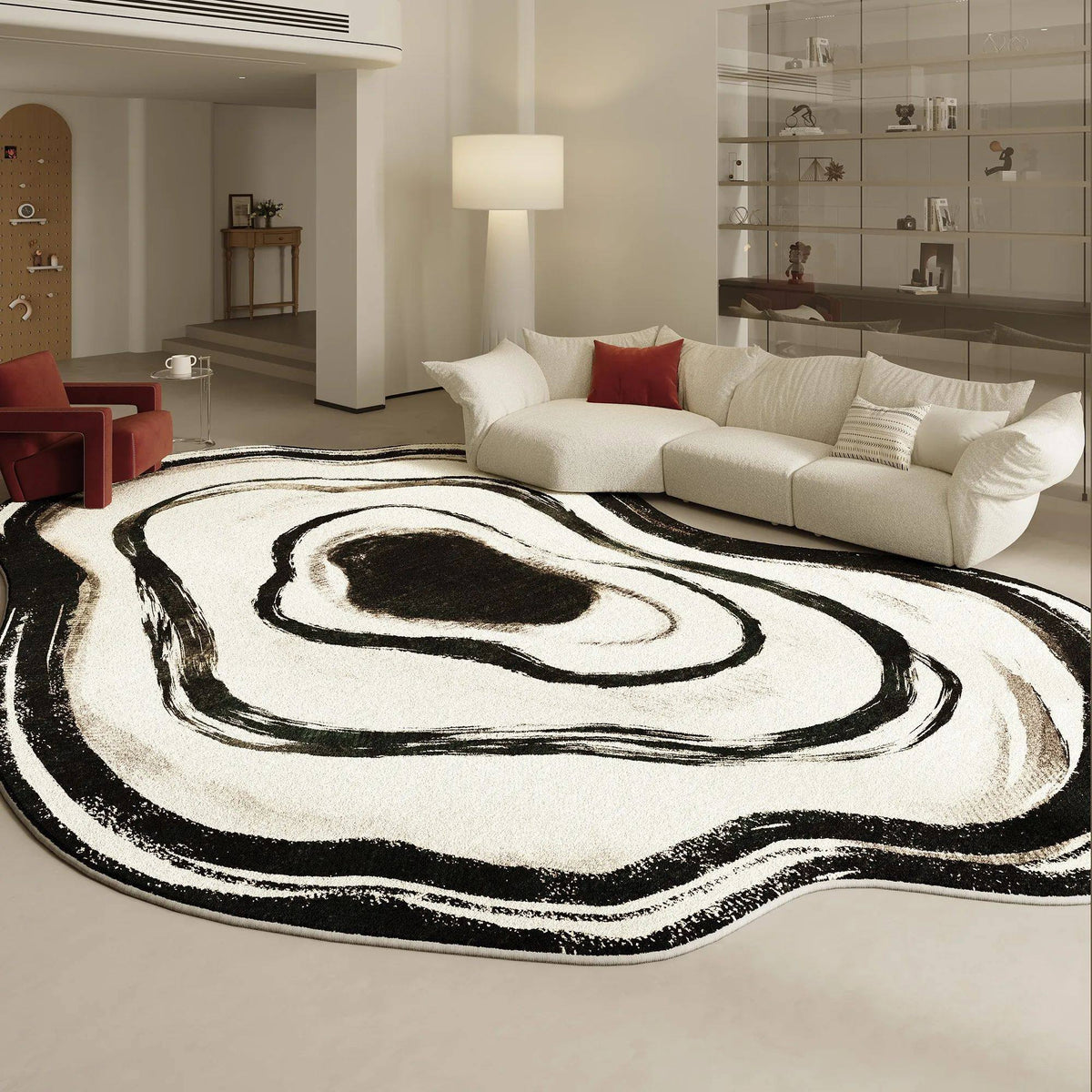Fontaine Collection | Geometric Atomic-Era Irregular-Form Carpet - revealing tonal warmth and surface patina under ambient light in a Mid-Century Modern living room setting.