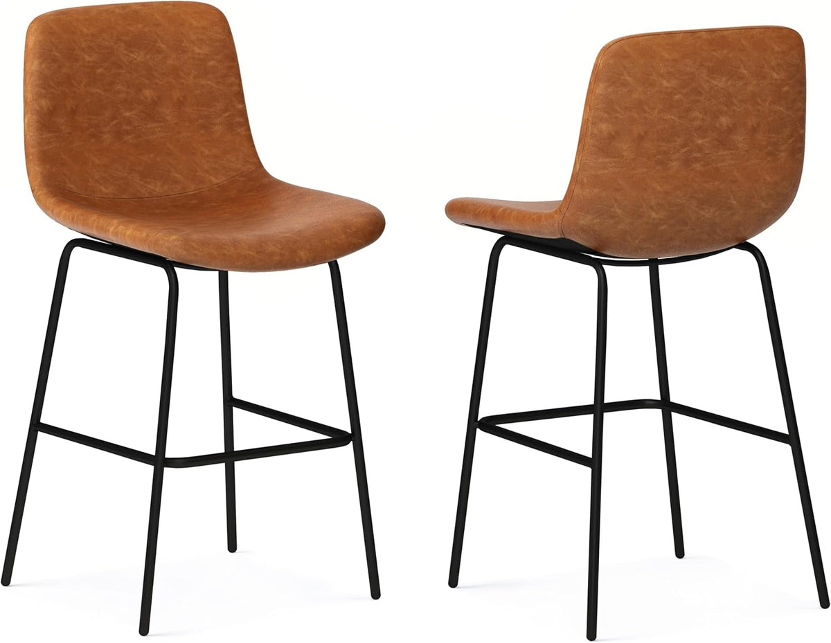 SIMPLIHOME Raya 24" Seat Height Vegan Leather Counter Stool (Set of 2) | Aqua Blue, Mid-Century Counter Stools with Curved Backrest and Footrest; Upholstered Kitchen or Bar Seating.
