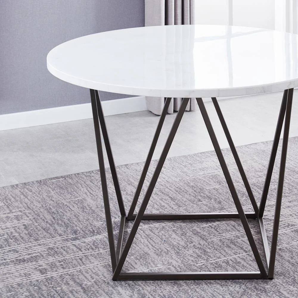 Ramona White Marble Top round Bronze Metal Base Dining Table