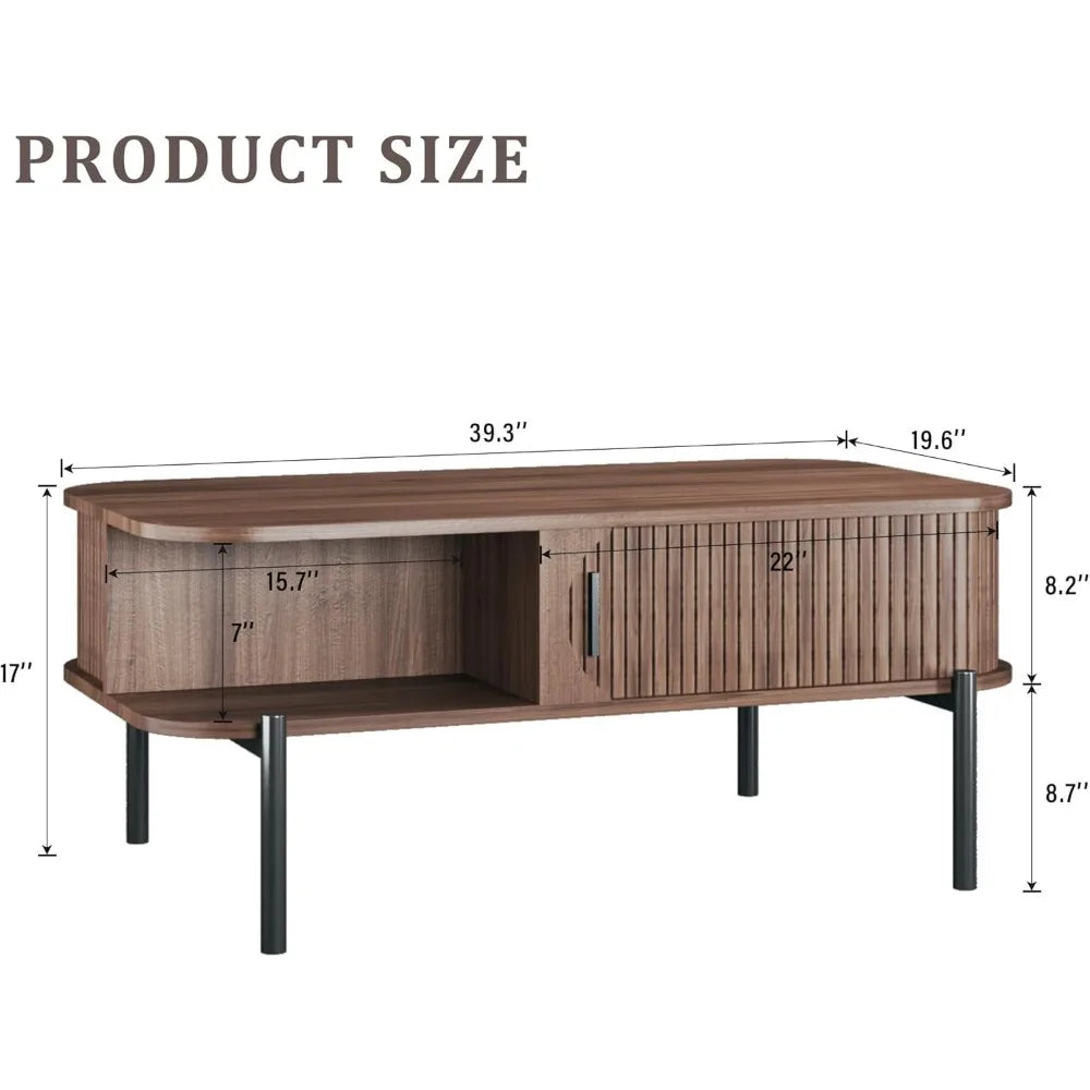 Fontaine Collection | Fluted Atomic-Era Fluted Walnut Coffee Table - styled from an alternate angle revealing dimensional depth in a Mid-Century Modern living room setting.