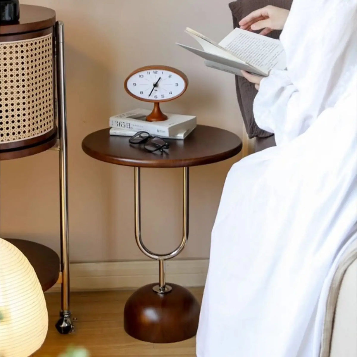 Belmont Collection | Tapered-Leg Atomic-Era Walnut Side Table - showcasing full sculptural form and curated finish in a Mid-Century Modern living room setting.
