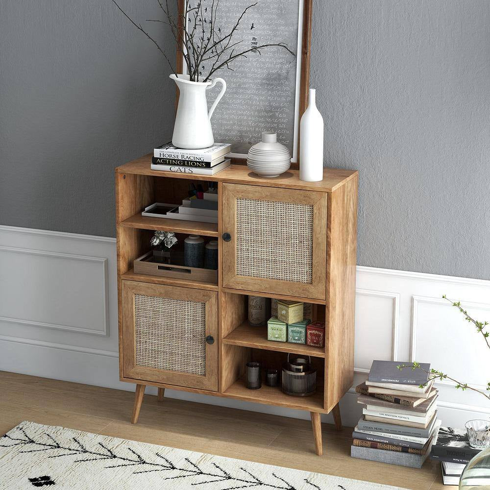 Natural MDF 31.5 In. Buffet Sideboard Accent Storage Cabinet Coffee Bar Cabinet Doors Cubbies