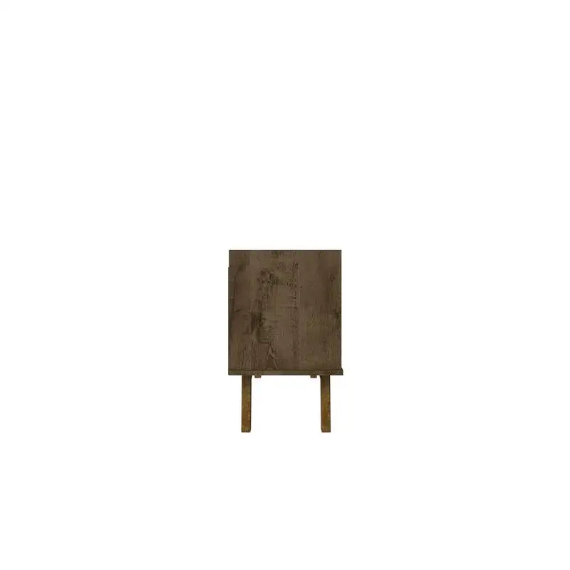 Dresden Collection | Floating Brass-Accented Walnut TV Stand - highlighting material texture and craftsmanship detail in a Mid-Century Modern living room setting.