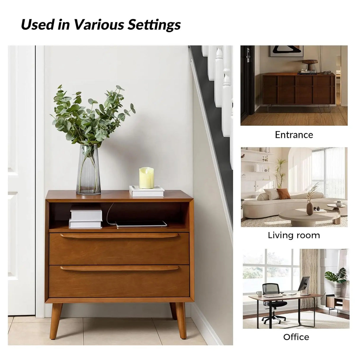 Meridian Collection | Fluted Brass-Accented Walnut Charging Console - highlighting material texture and craftsmanship detail in a Mid-Century Modern entryway setting.