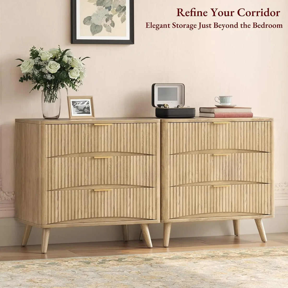 Ellington Collection | Fluted Atomic-Era Fluted Oak - presented at scale within a designed interior in a Mid-Century Modern living room setting.