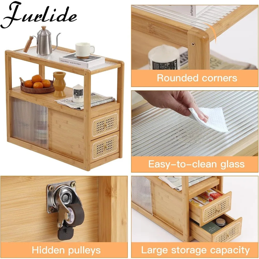 Dresden Collection | Floating Glass-Top Bamboo & Glass Nightstand - highlighting material texture and craftsmanship detail in a Mid-Century Modern bedroom setting.