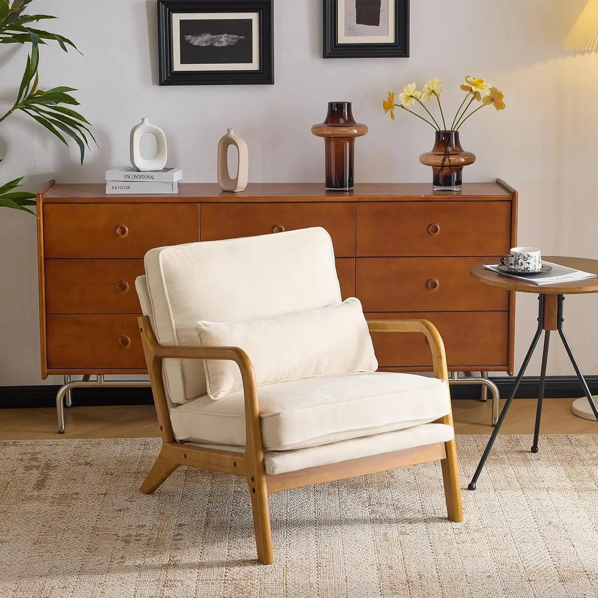 Valencia Collection | Sculptural Desert-Modern Chenille Accent Chair - styled from an alternate angle revealing dimensional depth in a Mid-Century Modern living room setting.